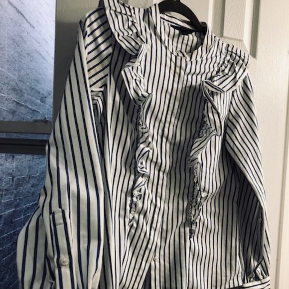 Banana Republic Navy/White Striped Ruffle Shirt - Picture 5 of 7